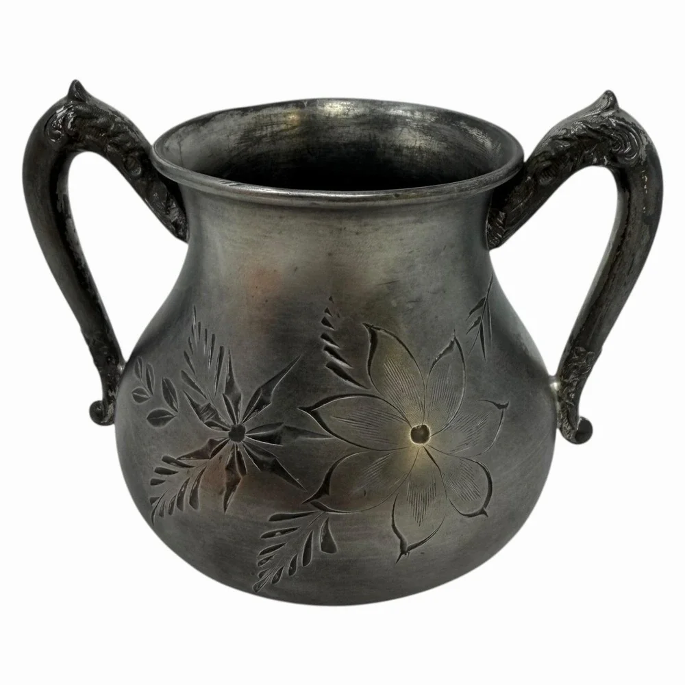 Antique Silver Plate Double Handle Sugar Bowl Floral Engraved Victorian Vessel